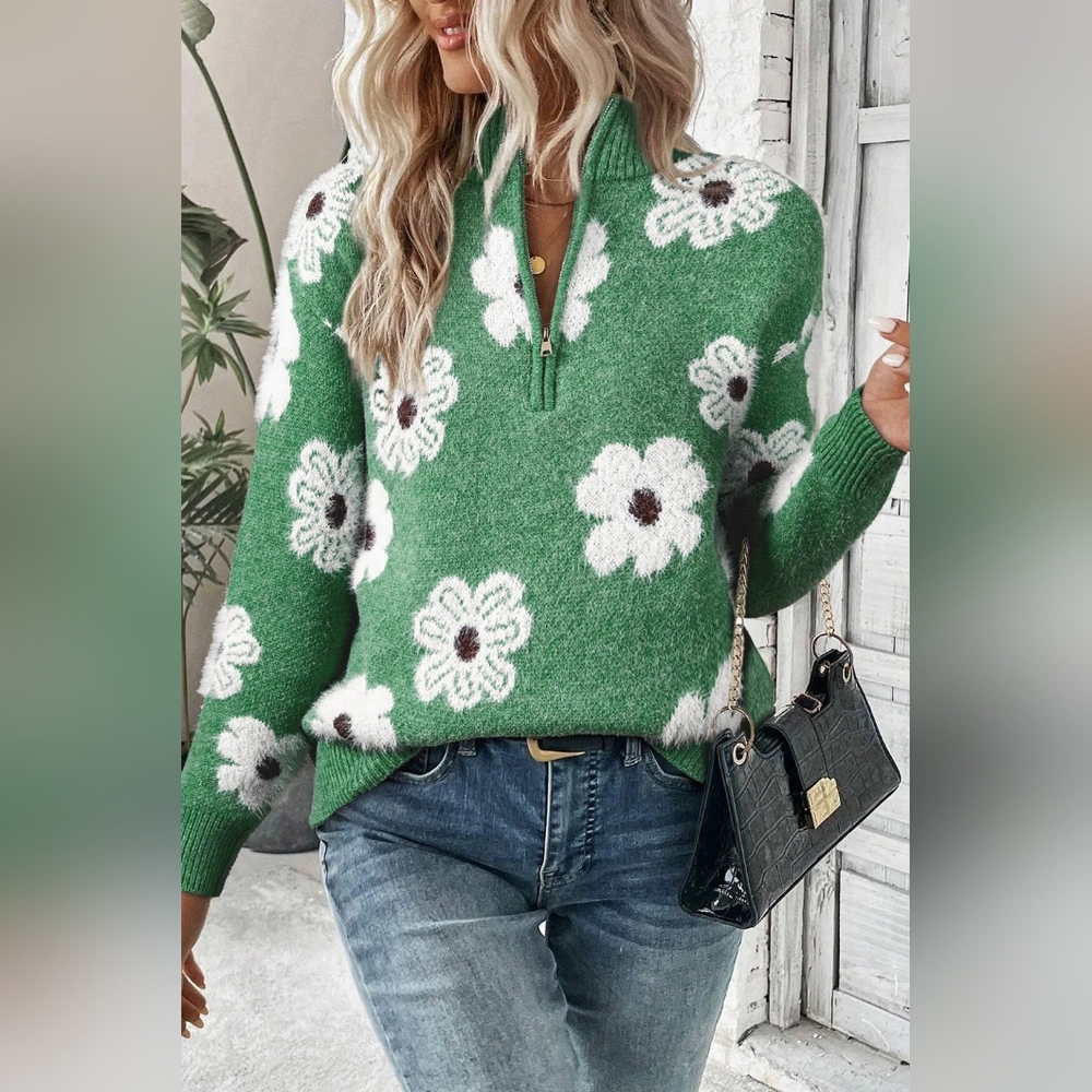 Fuzzy Half-Zip Pullover Daisy Retro Flower Top Eyelash Knit Henley Neck Sweater